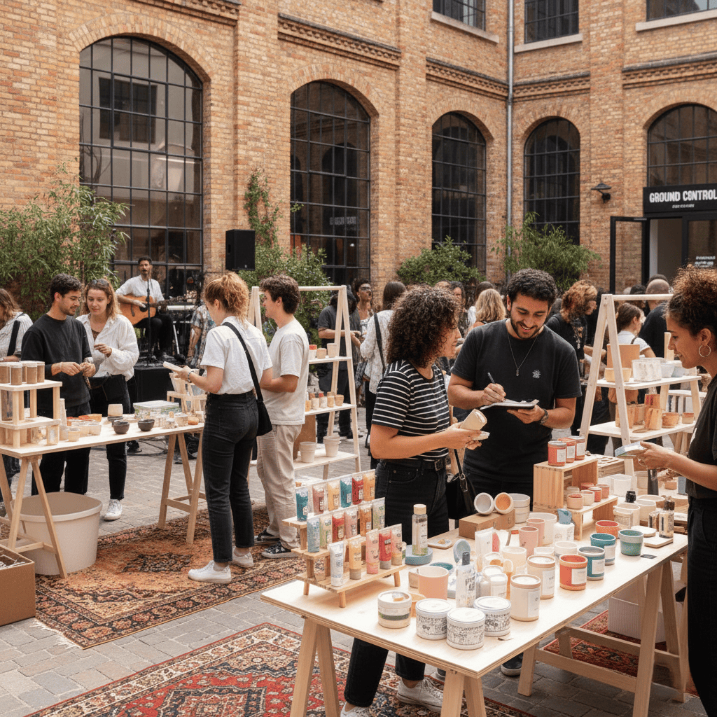 Marché artisanal New Age Un marché artisanal avec des gens autour de stands décorés de produits colorés.