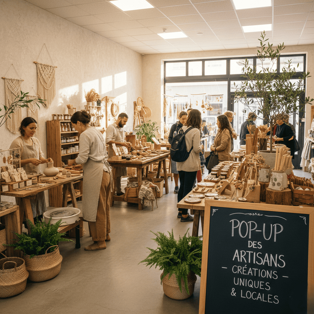 Concept Store New Age Paris Intérieur d'un pop-up d'artisans, avec des tables remplies de créations uniques.